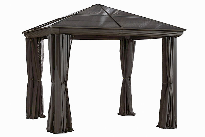 Gazebo Penguin Venus Gazebo Polycarbonate Roof - 10'x10' front view curtains open brown colour