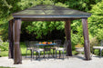 Gazebo Penguin Venus Gazebo Polycarbonate Roof - 10'x10' front view curtains open with table and chairs outdoors brown colour