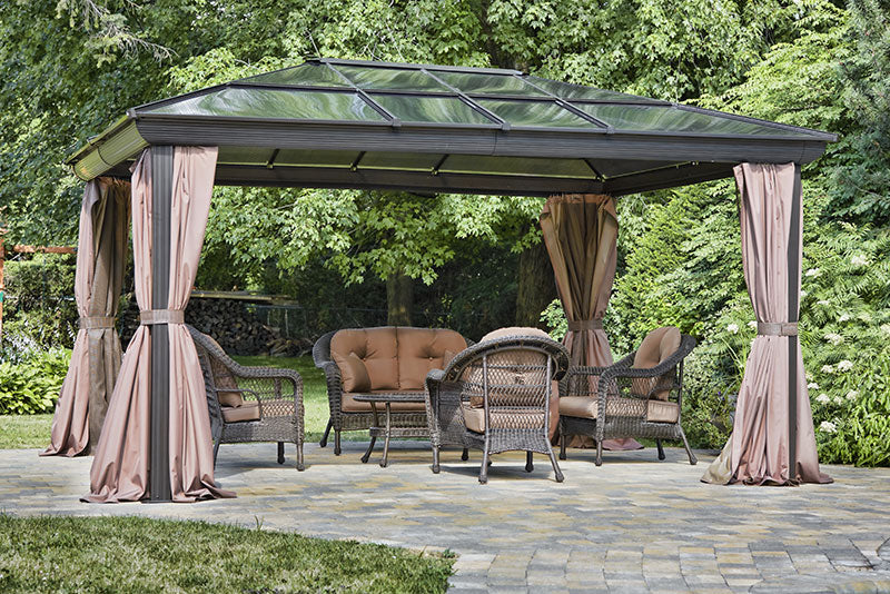 Gazebo Penguin Venus Gazebo Polycarbonate Roof - 10'x10' front view curtains open with table and chairs outdoors brown colour