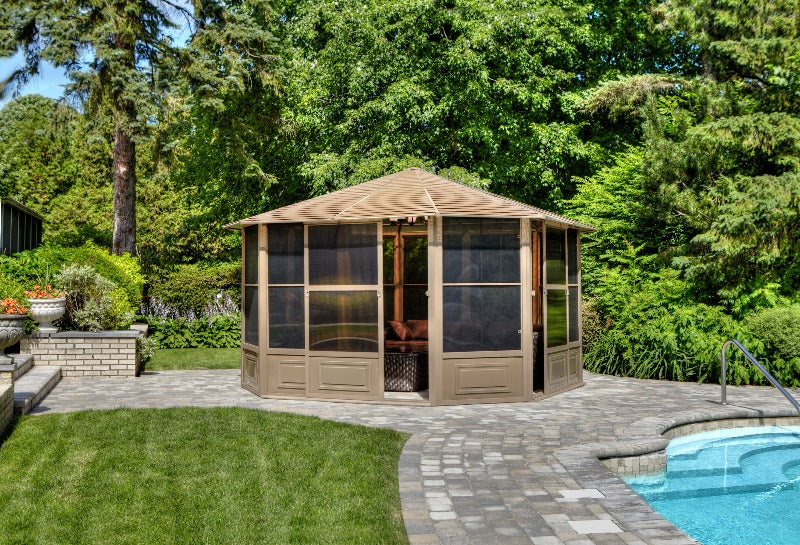 Gazebo Penguin Florence Solarium Metal Roof - 12'x12' front view door open sand solarium metal roof outdoors