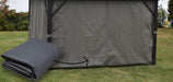 Corriveau Outdoor Furniture Grey Side Curtains for Gazebo - 10'x10' (Safezone Material) front view grey curtains closed with curtains folded beside frame outdoors
