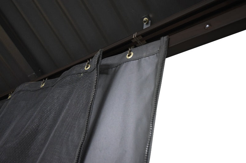 Corriveau Outdoor Furniture Grey Side Curtains for Gazebo - 10'x10' (Safezone Material) view of curtains and net attached to hooks